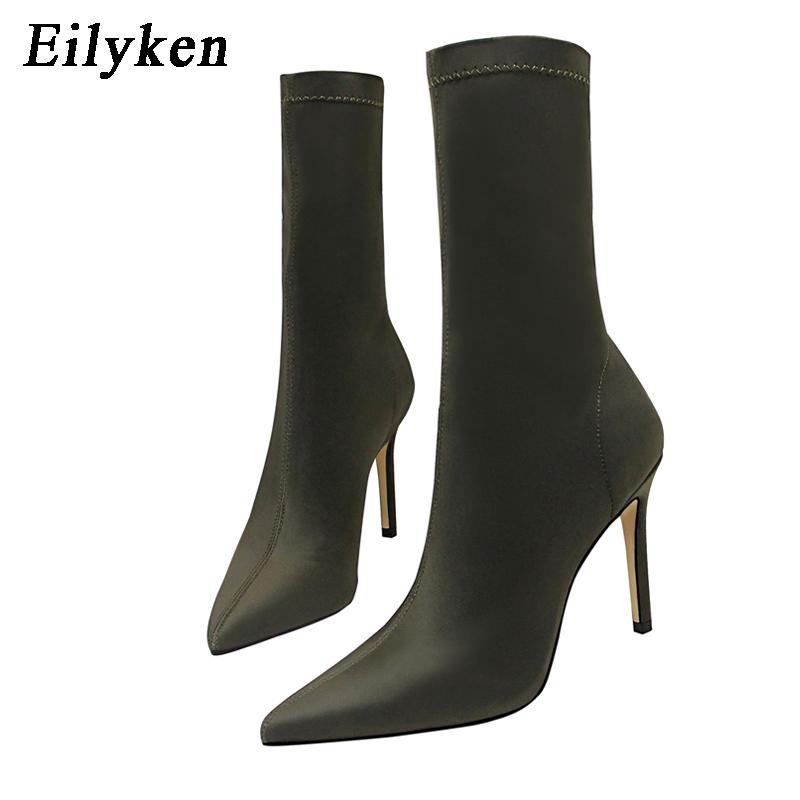 Winter Fashion Stretch Fabric Socks Ankle Boots Women Pointed Toe Thin Heels Slip-On Shoes Female Pumps
