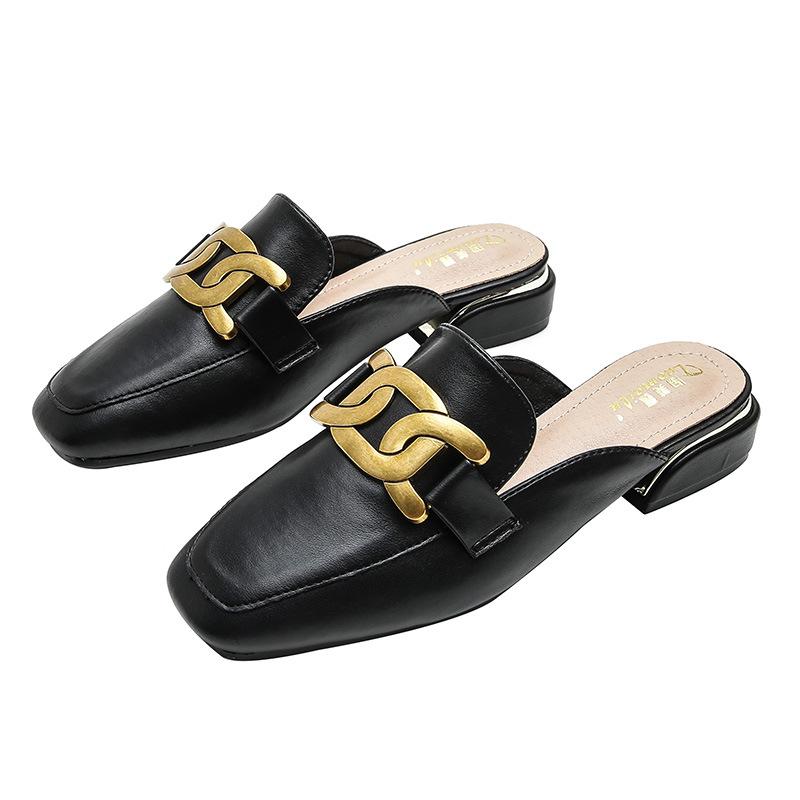 

Весна и лето новые полутапочки женские на толстом низком каблуке модные универсальные классные тапочки женские ленивые туфли металлические бу 39 чёрный