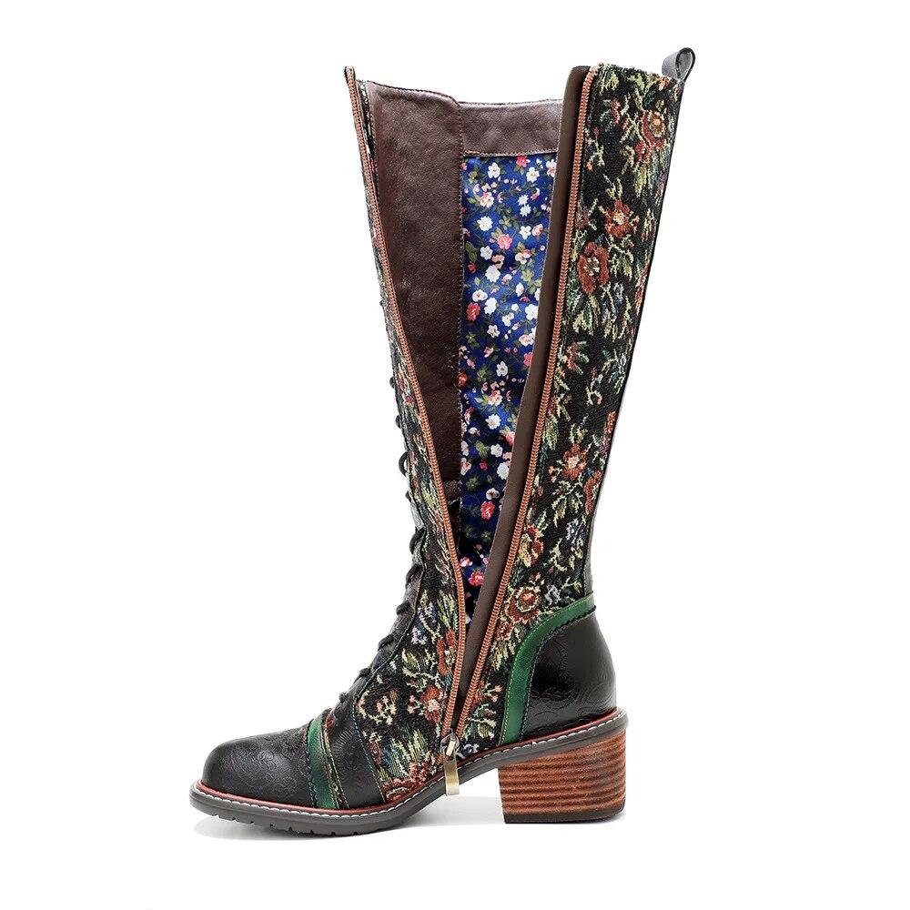 Johnature Botas largas de cuero genuino para mujer, zapatos hechos a mano con estampado Retro, Color a juego, con cordones, hasta media pantorrilla