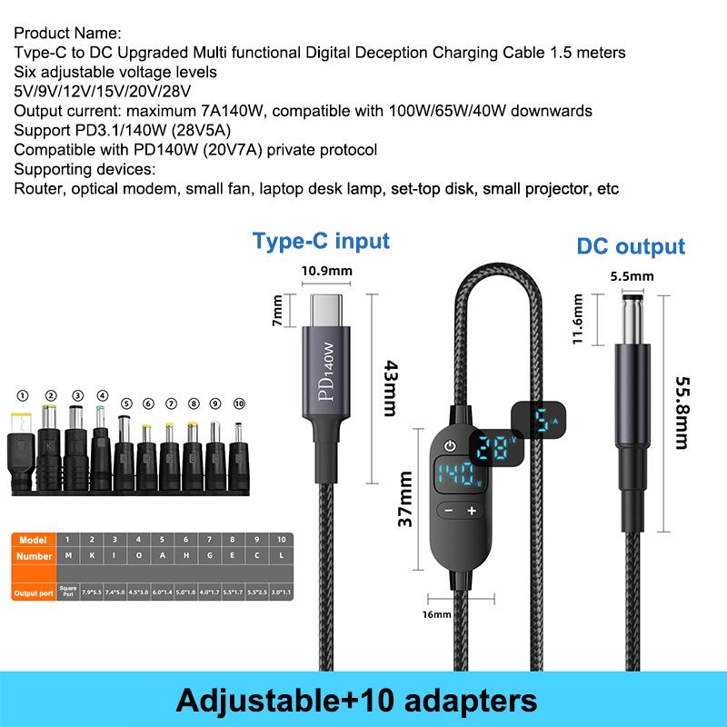 New USB C To DC Power Boost Cable Adjustable Voltage Adapter Connector Cord For Laptop Router PD140W /5V/9V/12V/15V/20V/28V