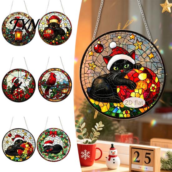 Lightweight Acrylic Party Supplies Christmas 2D Suncatcher, Stained Glass Style Black Cat Window Hanging, Holiday Hanging Door Plaques Colorful Plaque