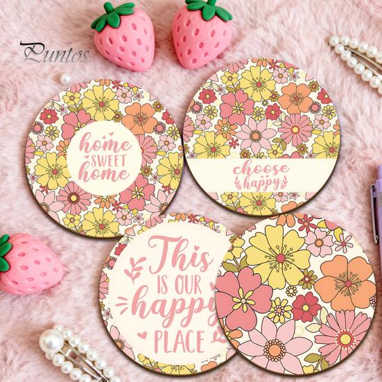 Easter Table Decor 4PCS Flower Coasters Set, Thick Cork Base Non-Slip Heat Resistant Drink Cute Animal Print Coasters, Floral Decorative for