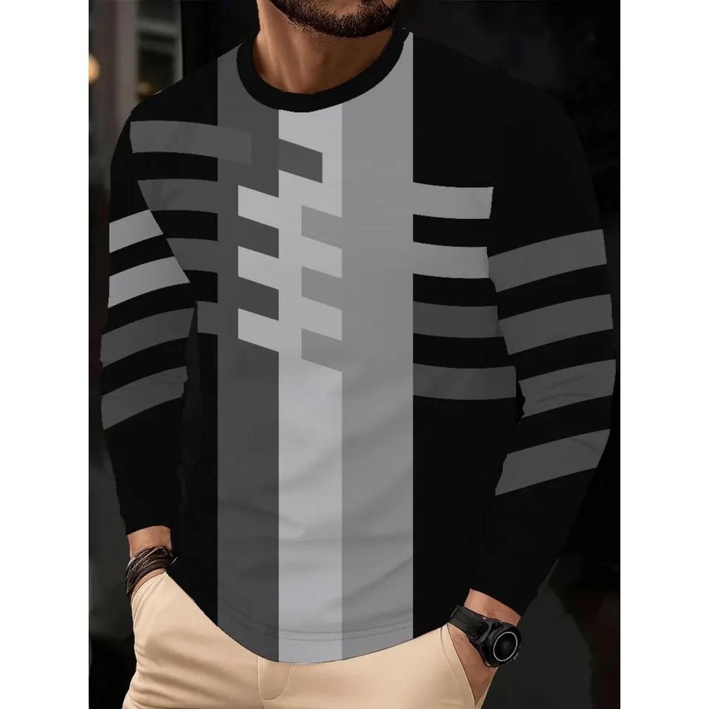 Herbst Rundhals Modisch Vielseitig Freizeit Streifen 3D Langarm T-Shirt Herren Mode Komfort Locker Sport Großes T-Shirt
