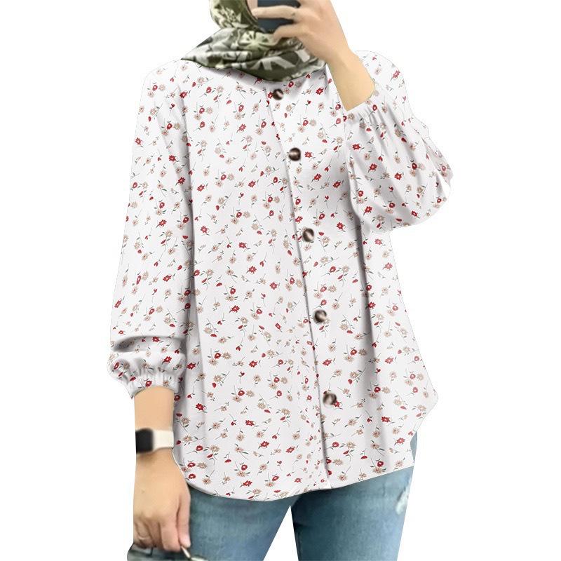 2025 New Women's Muslim Floral Shirt with Fashion Puff Sleeves