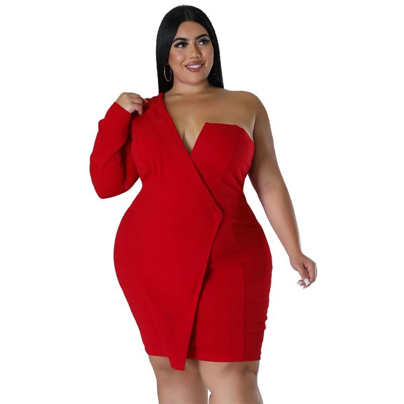 Plus Size Red One Shoulder Long Sleeve Wrap Bodycon Mini Dress L красный