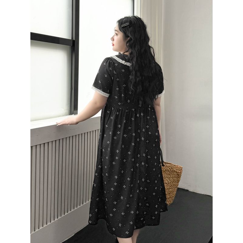 Plus size women clothing [Star River Monroe] Summer Chubby Girl Preppy Sailor Collar Short sleeve Bow Floral Dress