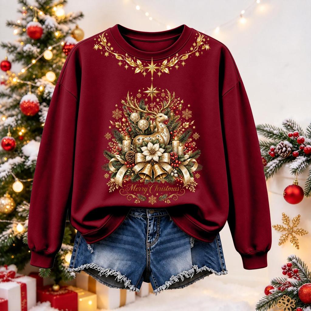 Women's Christmas Print Long Sleeve Top Casual Winter Comfortable Blouse for Holiday Wear
