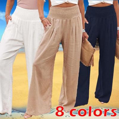 Pantalones anchos y sueltos para mujer, pantalones casuales de cintura alta, rectos, de moda de verano, con cintura elástica, pantalones Palazzo cómodos