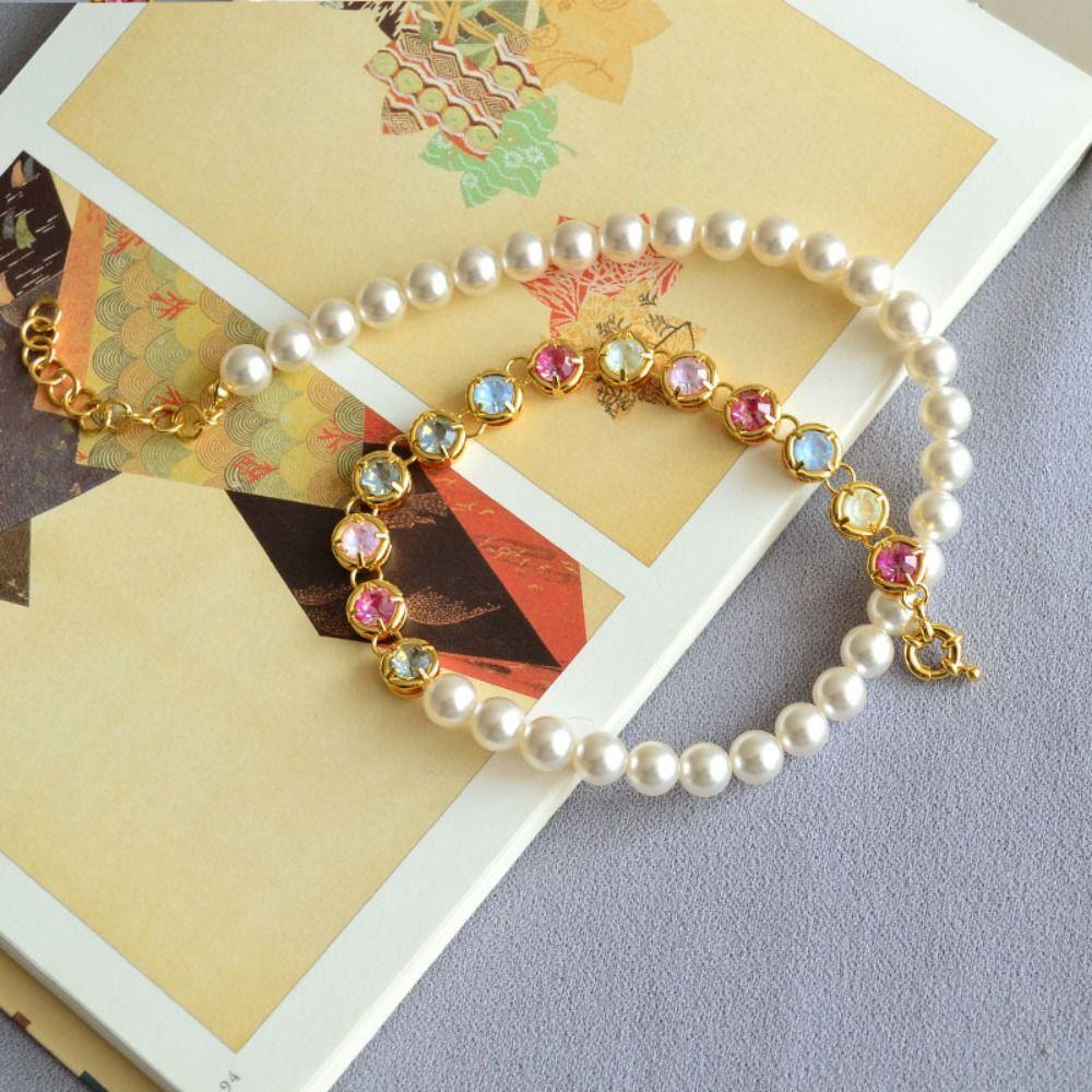 Beaded Pearl Rhinestone Necklace Luxury Women Jewelry Elegant Rainbow Zircon Bracelet  Lady