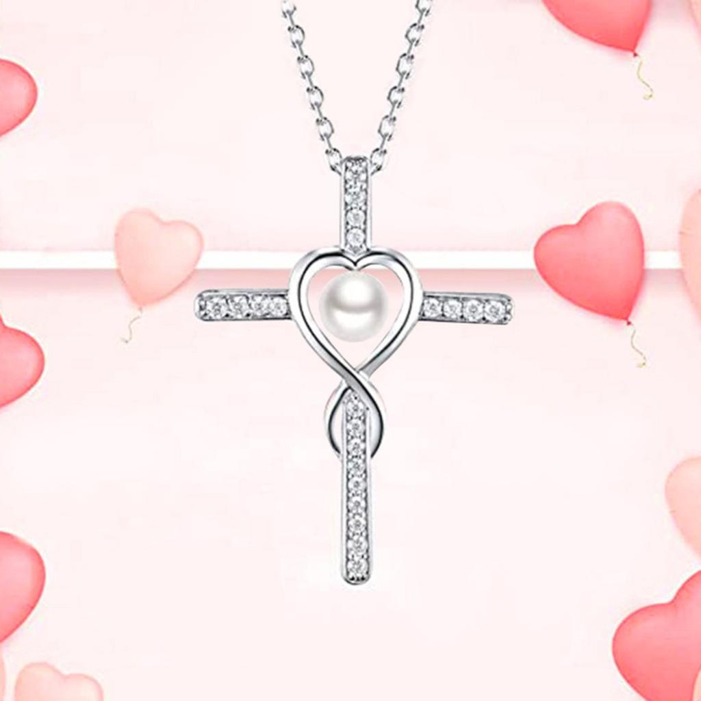 Cross Pendant Necklace with Heart Frame and Pearl Center Sparkling Stone Accent Faith Inspired Jewelry for Women