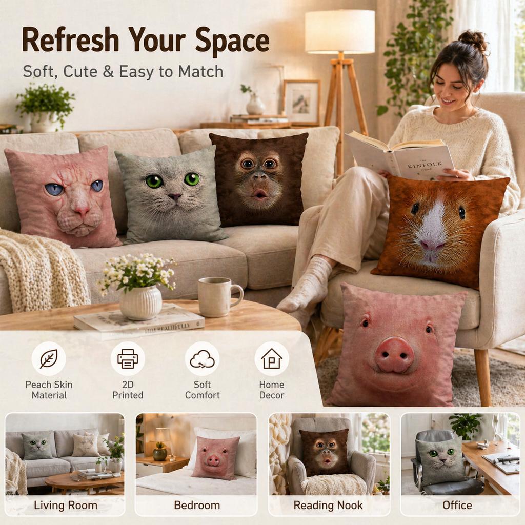Realistic Animal Face Cushion Cover 2D Flat Print Cat Pig Orangutan Peach Skin Pillowcase For Sofa Living Room Home Decor 45X45