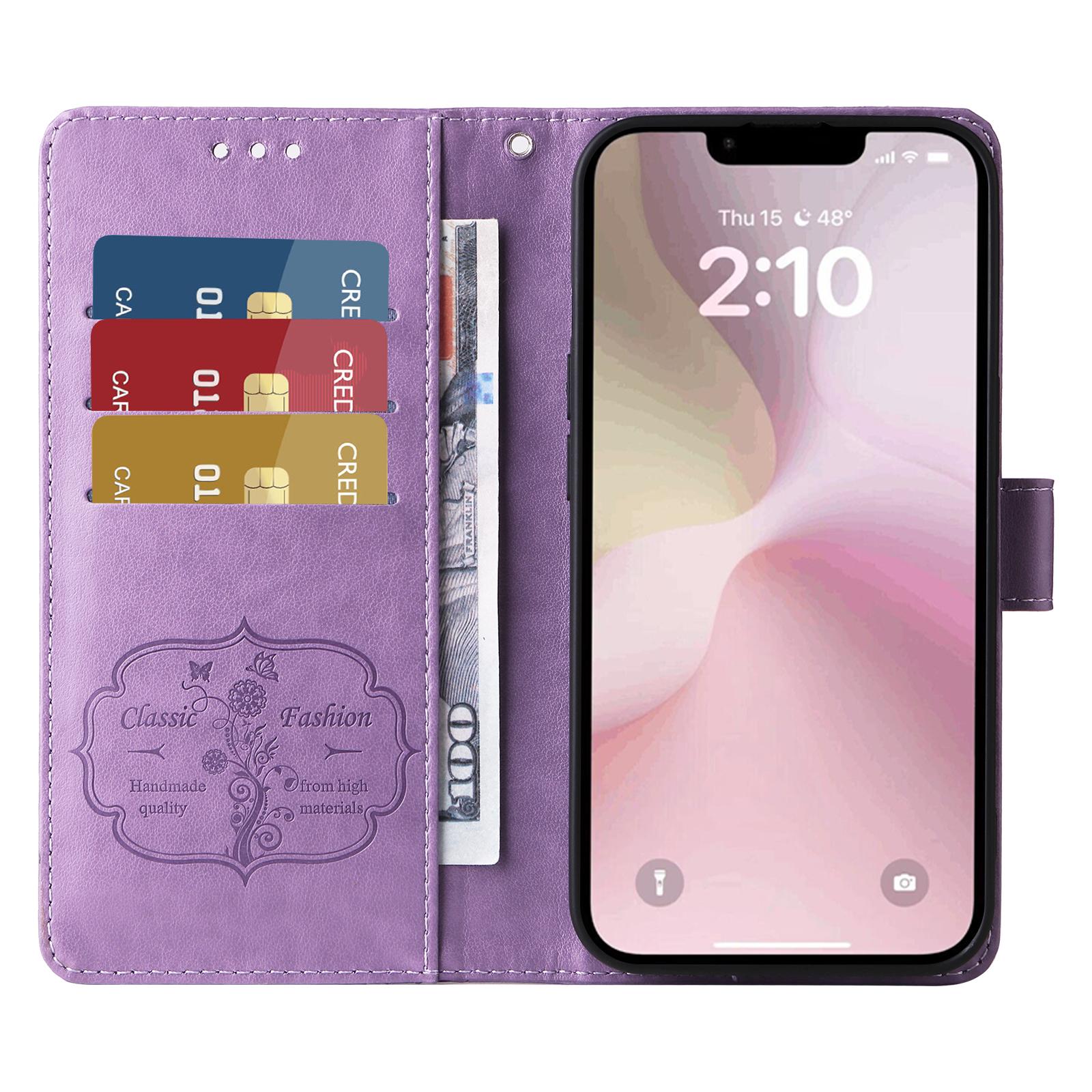 

For iPhone 16e Case Butterfly Floral Imprint Wallet Stand Leather Phone Cover Purple