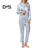2Pcs Women Silk Satin Pajama Set Lapel Button Down Tops & Pants Set Stripe Loose Sleep Shirt & Elastic Waist Pants Loungewear Outfit