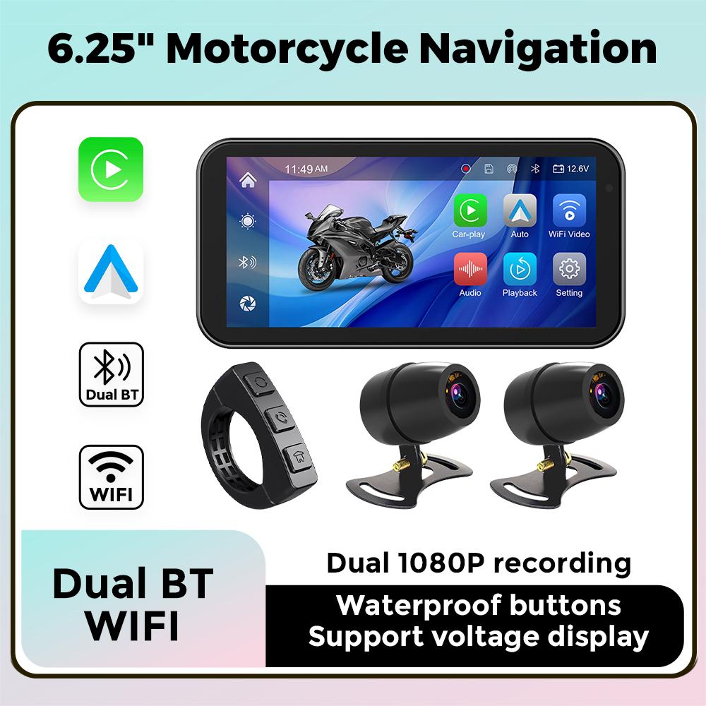 

6.25 IP67 Водонепроникний бездротовий CarPlay Moto Портативний мотоцикл GPS-навігація Android Auto Moto Monitor WIFI DVR Drive Recorder