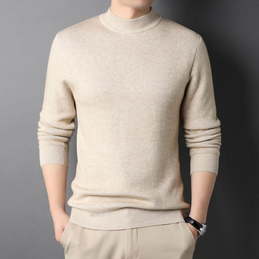 Douyin Men's Slim Fit Solid Color Sweater - Half High Collar, Spring/Autumn Base Layer