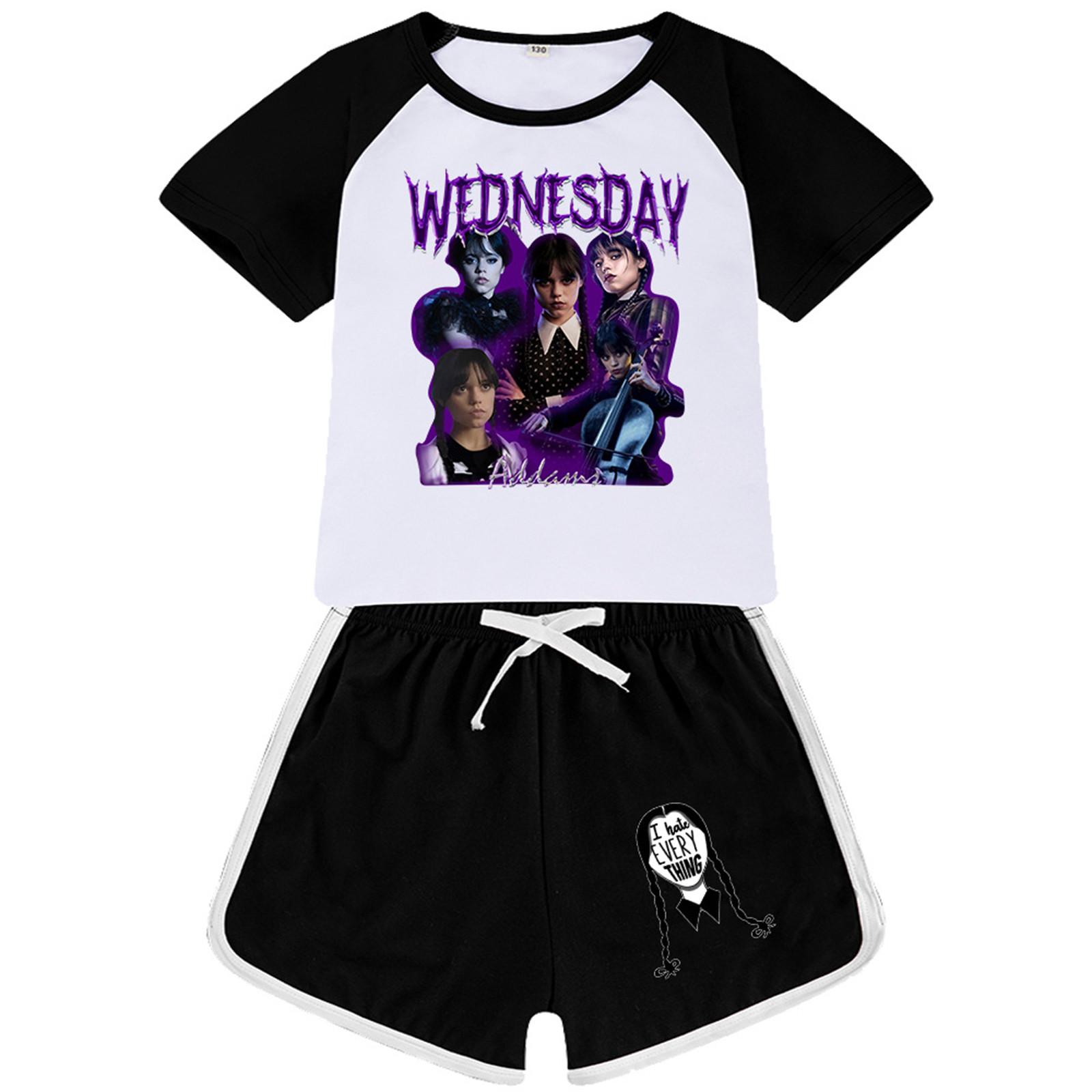 

Летний комплект из двух предметов, детский топ большого размера с круглым вырезом и короткими рукавами и облегающие велосипедные шорты для йоги в полоску 100 чёрный