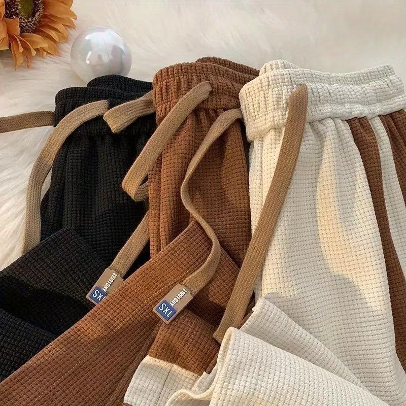 Korean-Style Trendy Color Block Striped Casual Sweatpants, Unisex Spring/Summer Waffle Drape Wide-Leg Design