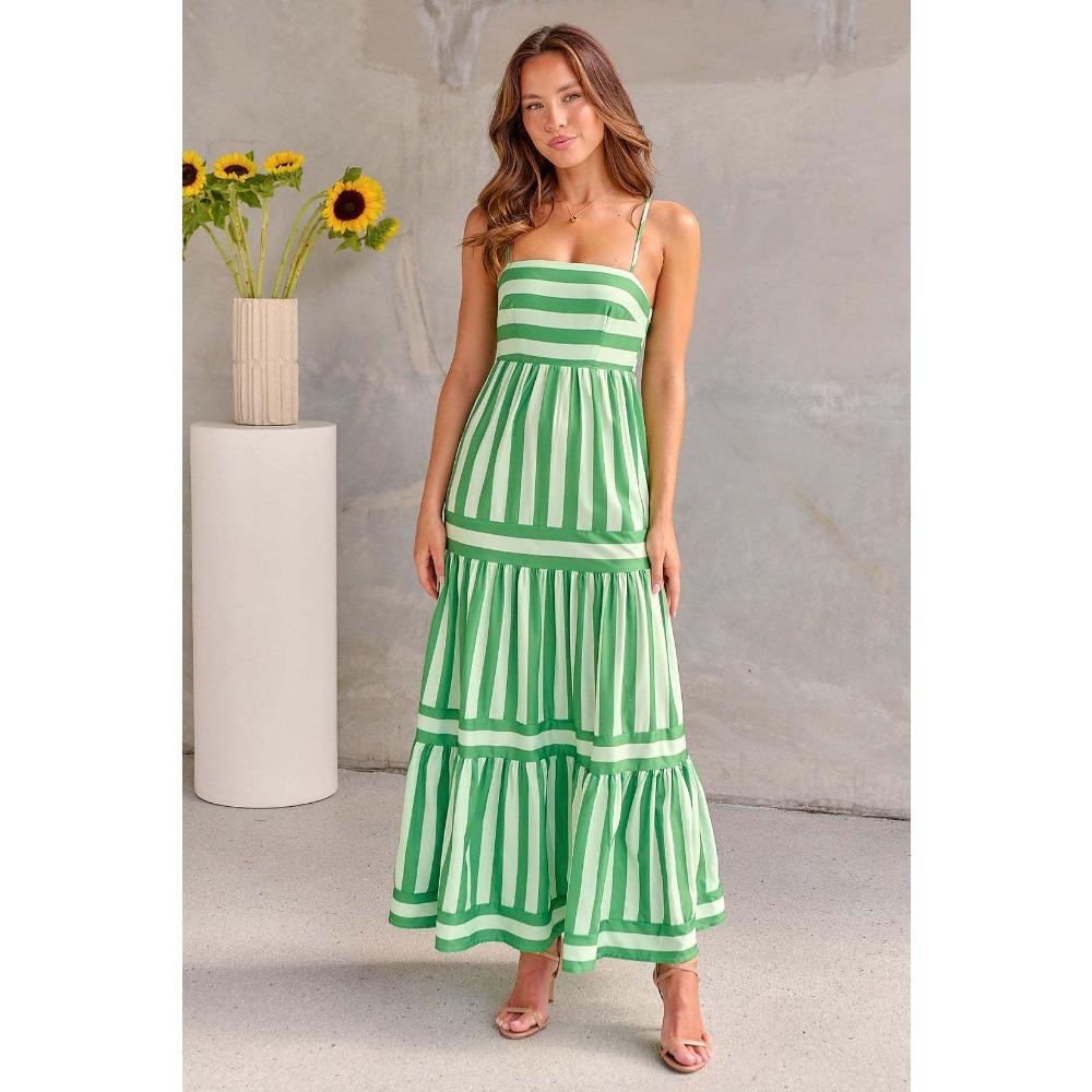 Women's Strapless Sleeveless Midi Dress Loose Mid Waist Vertical Stripe Printed Polyester Micro Elastic Tiered Ruffle Summer Vacation Maxi Dress
