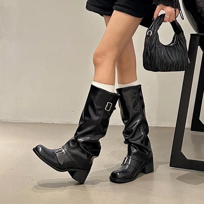 Fashion 2025new Woman Boots Knee High Platform Chunky Heels Trend Punk Gothic New Rock Leather Fashion Women's Shoes Motorcycle Footwear