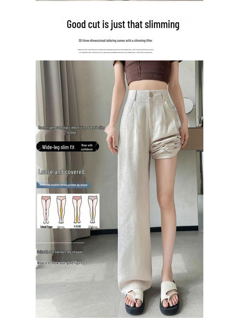 Ice Silk Cotton Linen High-Waisted Wide-Leg Pants for Women – Summer 2026 Drapey, Straight-Leg Casual Suit Style