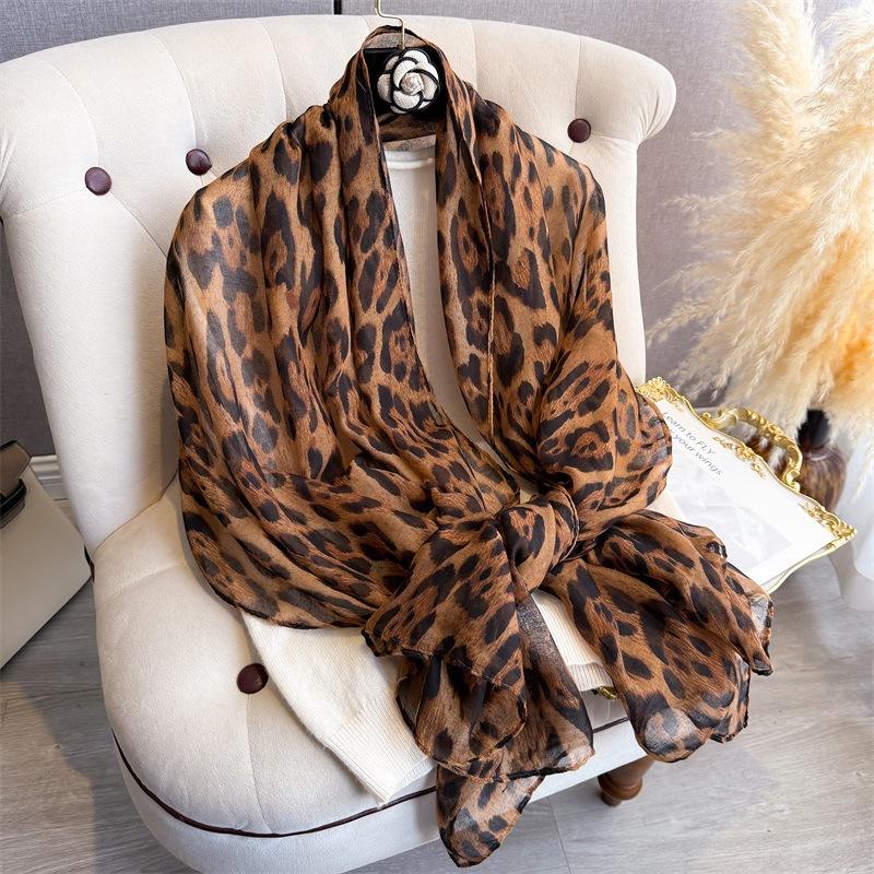 Summer Sunscreen Travel Shawl Fashion Versatile Leopard Pattern Thin Style Photography Elegant Temperament Female Trendy Cotton Hemp Scarf Bali Yarn