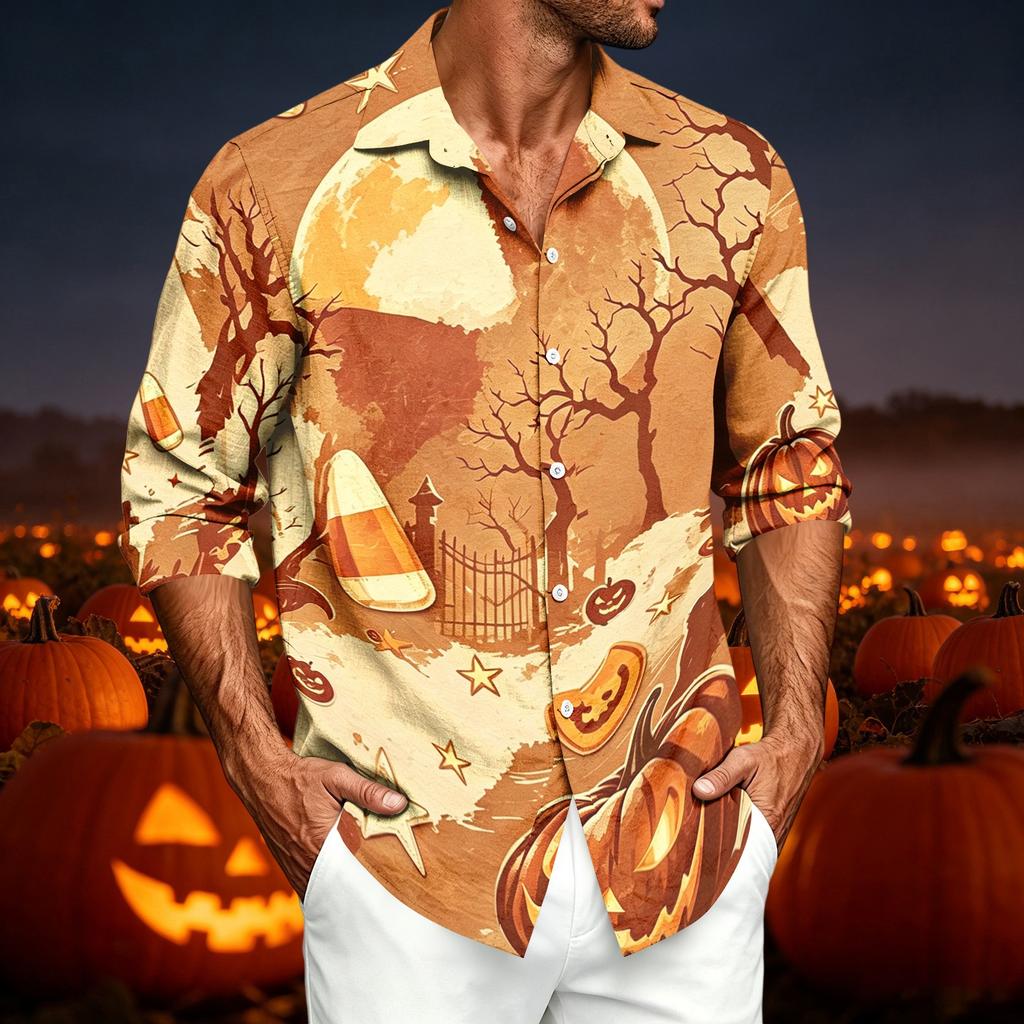Men's Casual Long Sleeve Shirt with Halloween Print for Spring and Fall
