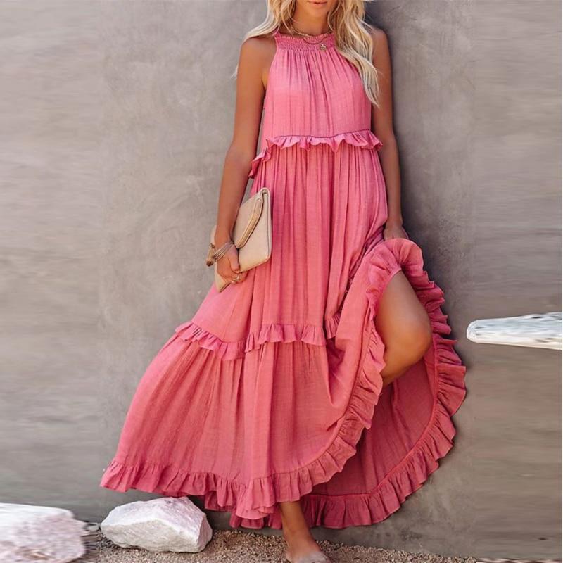 Sweet Ruffles Μακρύ Γυναικείο Φόρεμα 2023 Καλοκαιρινό μονόχρωμο Φόρεμα για Αμάνικα Φορέματα με στρογγυλό γιακά Διακοπών 26204