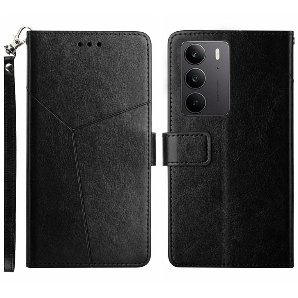 For Realme C75 4G Case with Wrist Strap Y Shaped Lines Imprint Leather Phone Cover