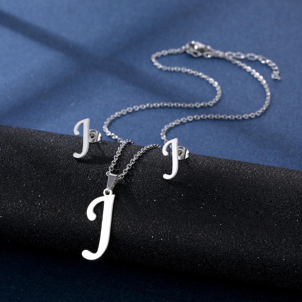 Fashion Alphabet Necklace And Earrings Set Shiny Colorfast Pendant Choker Jewelry