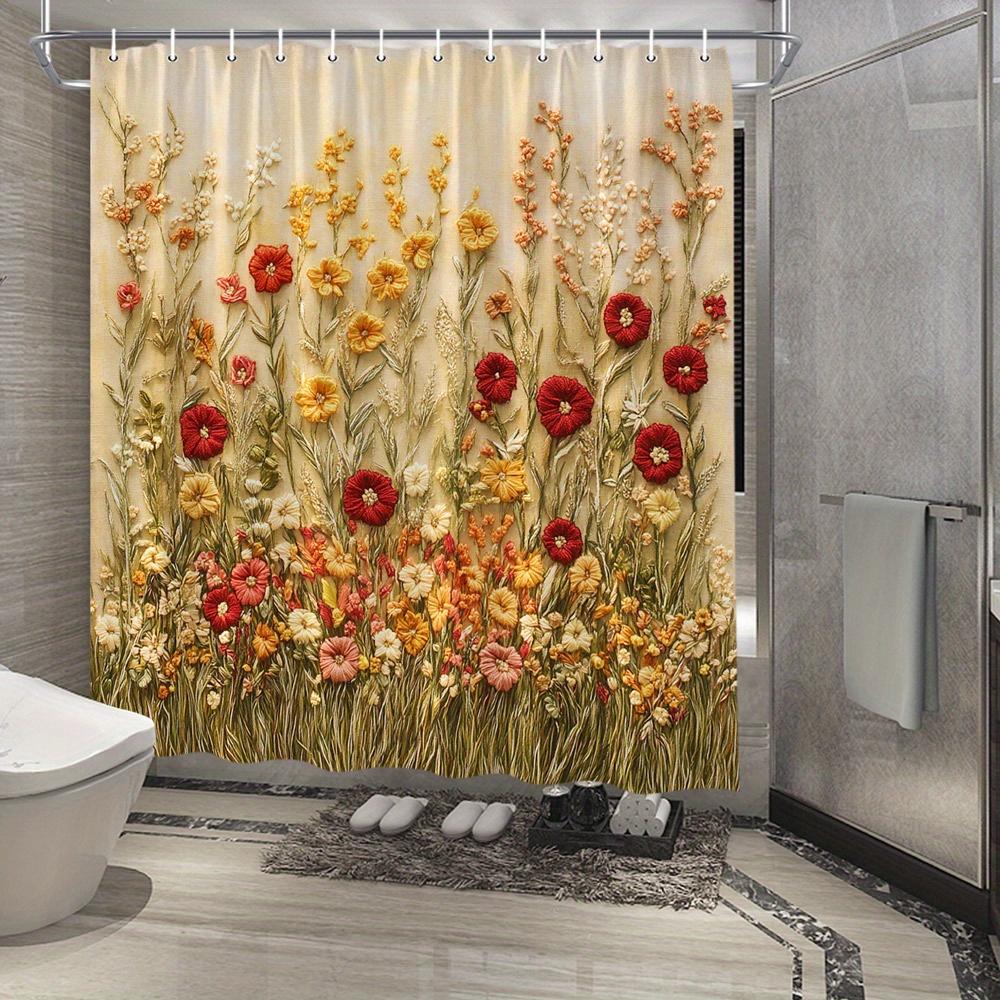 Charming Floral Print Waterproof Shower Curtain For Bathroom, Vibrant Wildflower Design High-End Toilet Partition Curtain