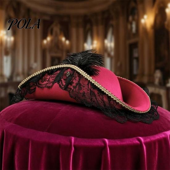Retro Pirate Hat Halloween Hat, Captain Costume Accessory, with Burgundy Lace Gothic And Feathered Decor, Lightweight Vintage Style Buccaneer
