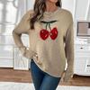 Womens Cherry Print Sweater Crewneck Long Sleeve Drop Shoulder Knit Sweater Ribbed Knit Cute Loose Pullover