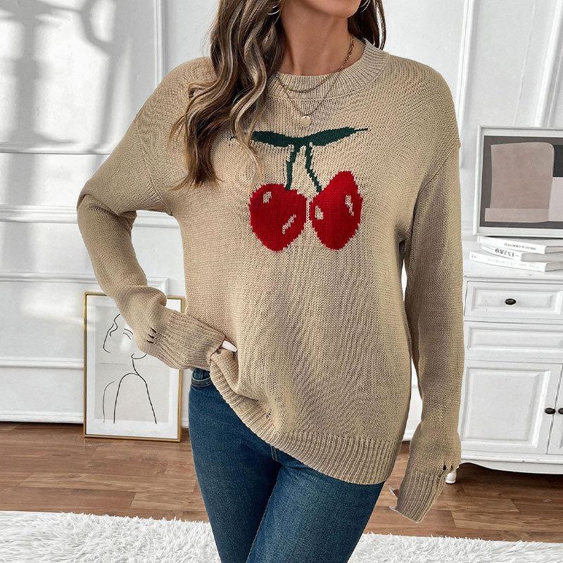 Womens Cherry Print Sweater Crewneck Long Sleeve Drop Shoulder Knit Sweater Ribbed Knit Cute Loose Pullover