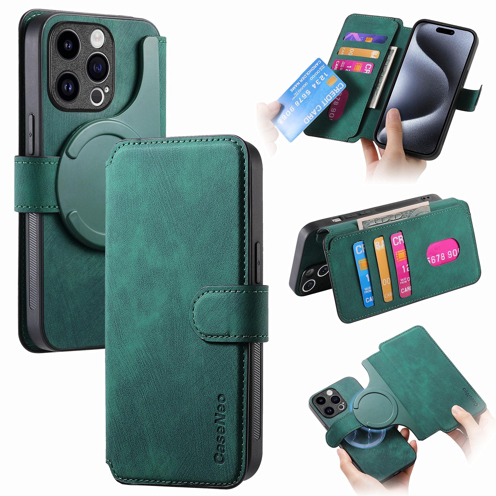 

CASENEO MW-03 For iPhone 15 Pro Max Case with Detachable Wallet Leather+TPU Phone Cover Green