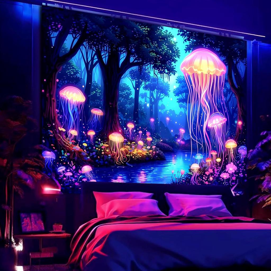 Manicer Blacklight Jellyfish Forest Tapestry – UV Reactive Fantasy Underwater Jellyfish In Enchanted Forest, Glow In the Dark Neon Nature Art Wall