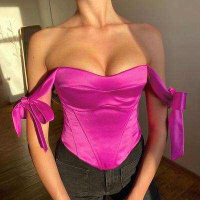 Women Bustier Crop Tops Sexy Summer Solid Bow Tie Straps Sleeveless Corsets Backless Retro Streetwear Vest