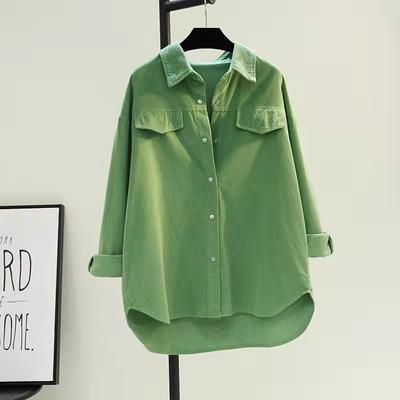Avocado Green Mid-length Corduroy Shirt Women's Spring and Autumn Thickened Double-pocket Shirt Jacket Cardigan