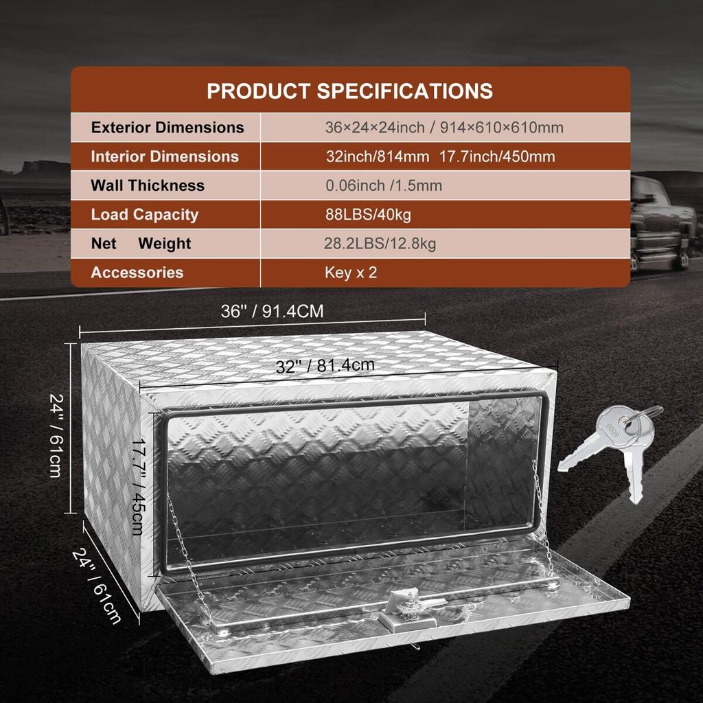 Underbody Truck Box, 36"×24"×24" Pickup Storage Box, Heavy Duty Aluminum Diamond Plate Tool Box with Lock and Keys, Waterproof Trailer Storage Box