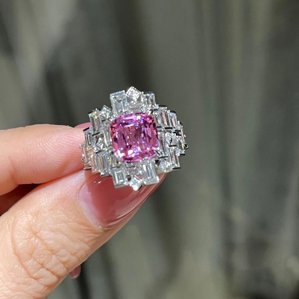 Exquisite Block Zircon Splicing Sterling Silver Ring Full of Pink Blue Diamonds for Ladies Party Wedding Birthday Gift