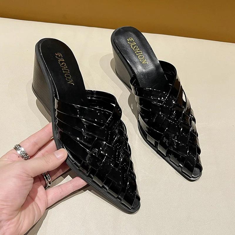 

2025 New Woven Leather Sandals Women s Summer Hollow out Mid Heel Mules Trendy Slip-On Shoes Rubber Upgraded Version 35 чёрный