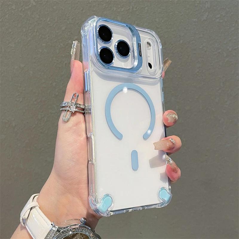 New Magnetic Clear Case For iPhone 17 Pro Max 17Air 17Pro Case For Magsafe Wireless Charge With Glass Lens Protector Stand Cover
