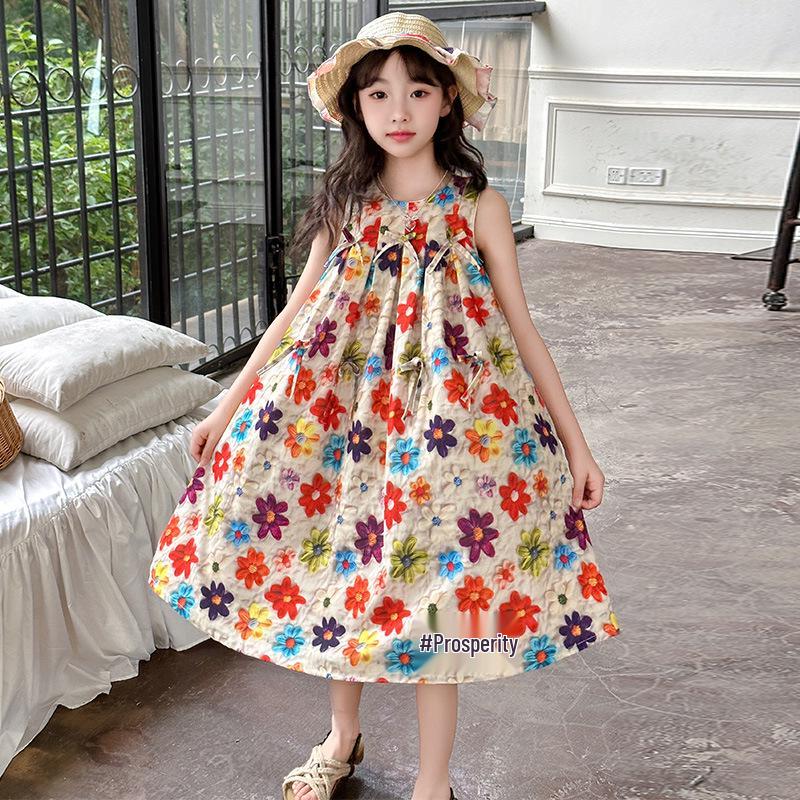 Girls' Trendy Korean-Style Summer Print Dress 2025 - Lightweight Sleeveless for Kids