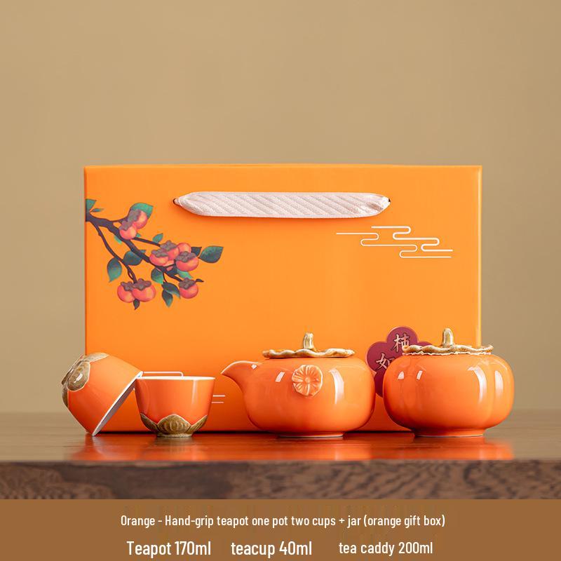 Persimmon Ruyi Ceramic Tea Set with Gift Box - Complete Ruyi Teapot Set