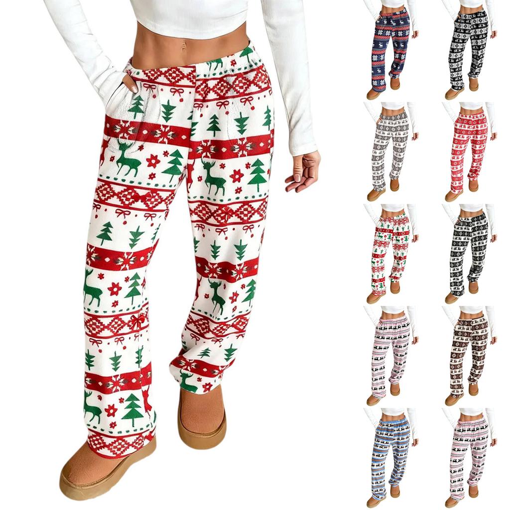 Women Pajama Pants Plush Sleep Pants Soft Elastic Waist Pajama Bottoms Patterned Pants With 2 Pockets