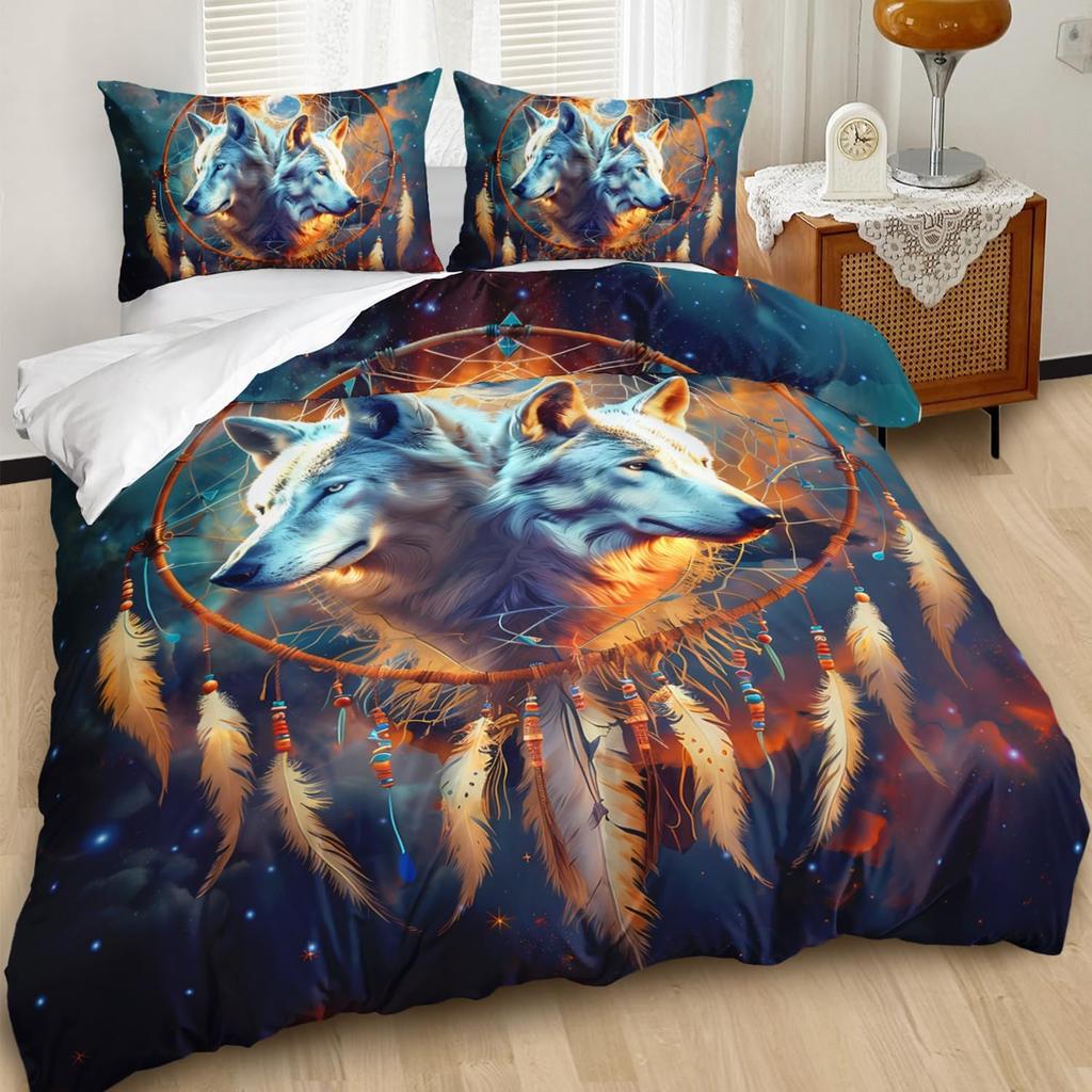3D White Wolf Print Duvet Cover Set Soft Breathable Dream Catcher Bohemian Sky Style Comforter Bedding For Kids And Teens