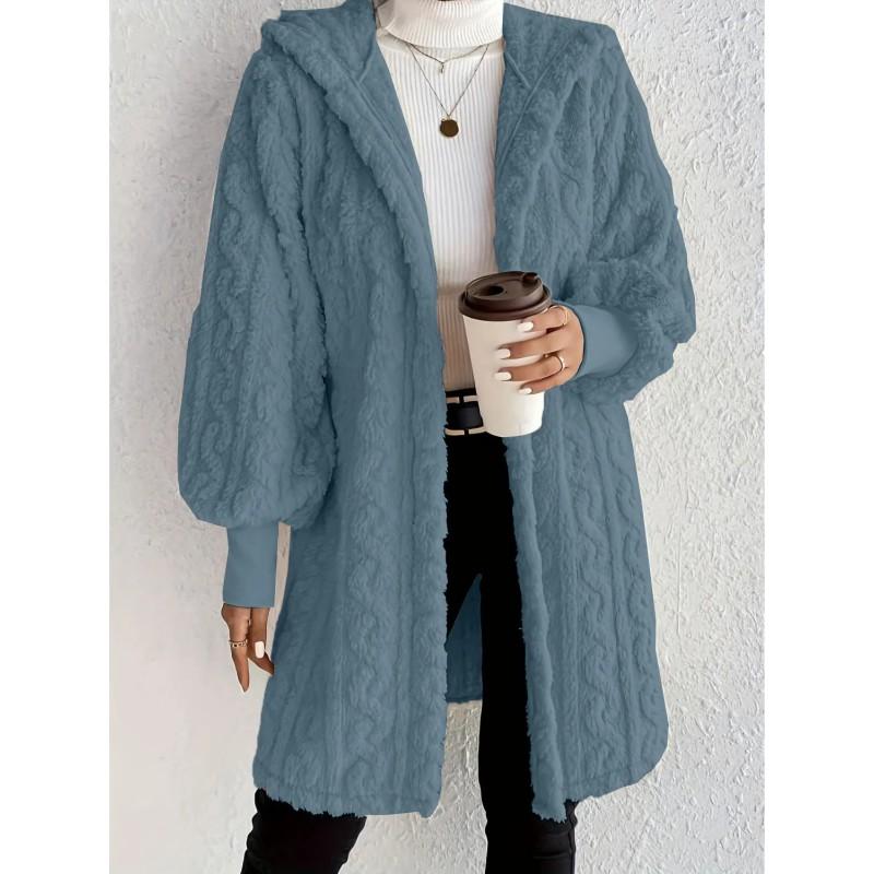 Womens Oversized Hooded Fleece Jacket Winter Warm Long Sleeve Solid Color Coat Casual Daily Wear