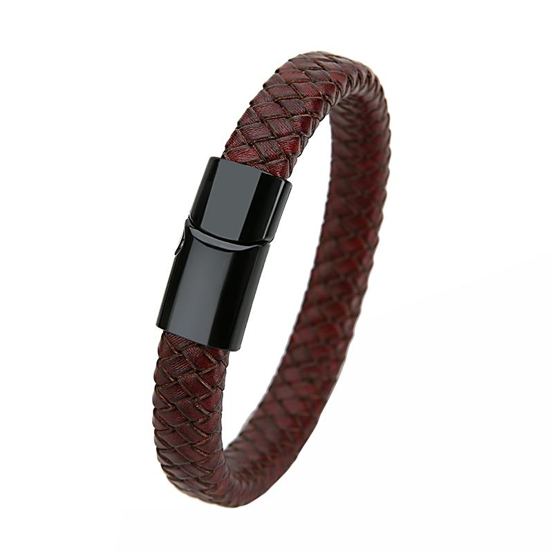Mibrow Czarna Skórzana Pleciona Bransoleta Męska Rozmiar 10x5 12x6mm Modny Metalowy Magnetyczny Zapięcie Bransolety Owijane Punkowy Charm Biżuteria Męska