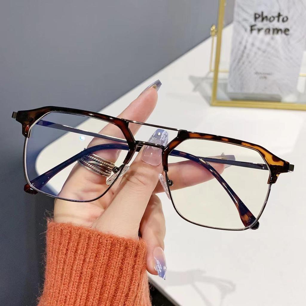 Metal Flat Mirror New Men's Double-beam Anti-blue Glasses Frame Tide Retro Personalized Color-changing Myopia Glasses