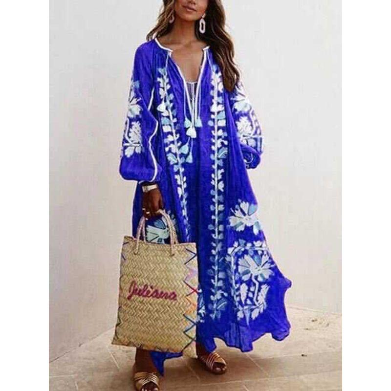 2024 European and American New Women's Clothes Ethnic Embroidery Flower Loose Oversized Long Sleeves Dress Women's Robe