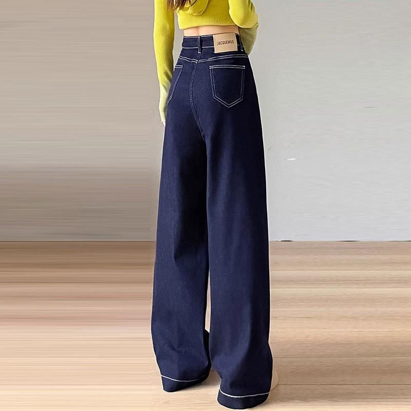Womens High-Waisted Wide Leg Straight Jeans Denim Blue Thickened Fleece-Lined Cotton Blend Comfort Fit